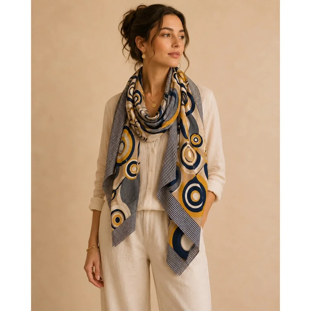 RIU Paris Scarf Women OS Blue Yellow Geometric Circle Print Good Condition